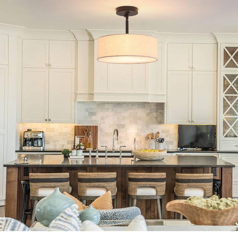 3-Light Classic Hanging Semi Flush Mount Ceiling Light Fixture with Rattan Cover for Kitchen Island
