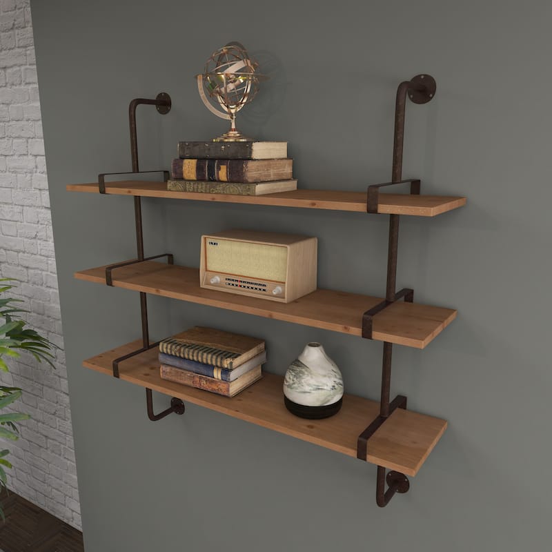 3 Level Wood Wall Shelf with Black Metal Brackets - Brown or Gray