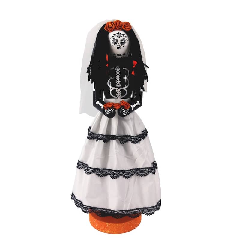 HomeRoots 14" Black And White Fabric And Solid Wood Halloween Woman Nutcracker - 5.00 in. x 14.00 in. x 5.00 in.