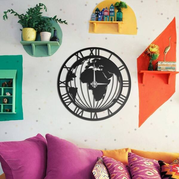 slide 1 of 1, World Map Metal Wall Clock