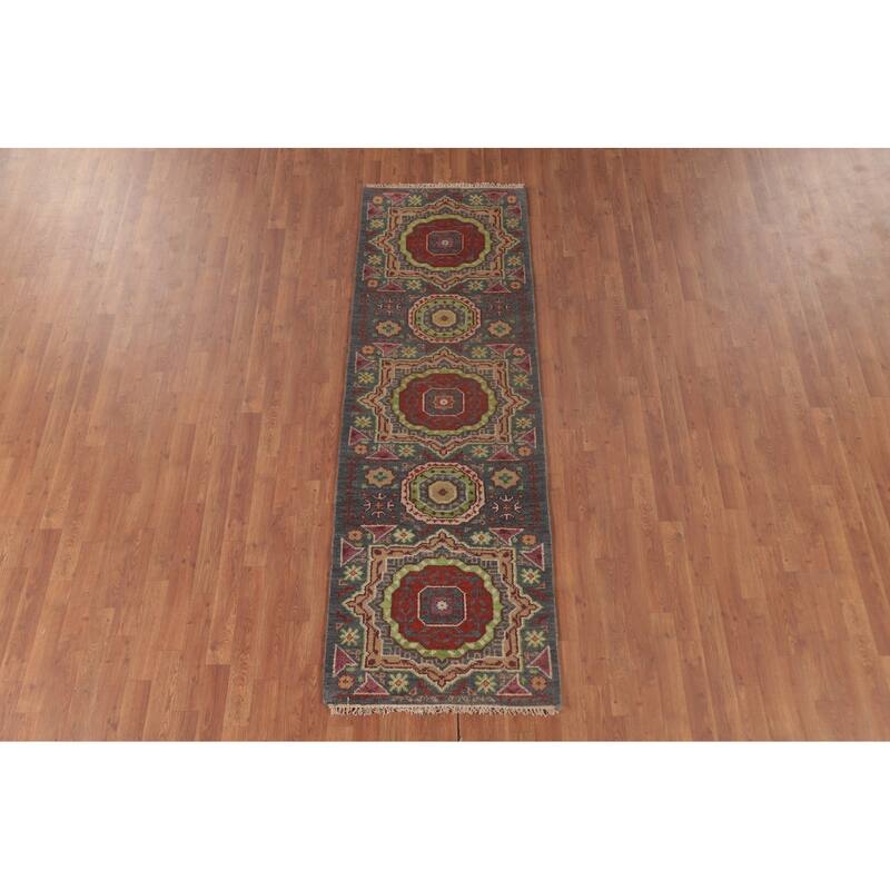 Geometric Grey Kazak Runner Rug Hand-Knotted Wool Carpet - 2'6"x 7'9"