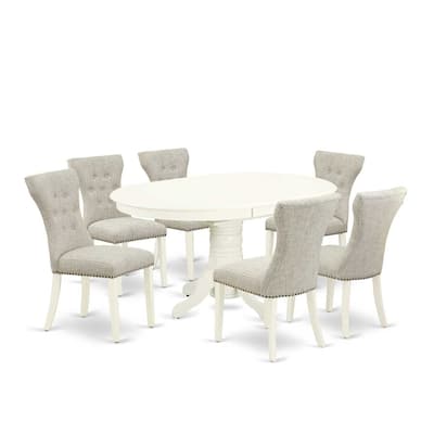 HomeStock 7-Pc Linen White Finish Solid Wood Top Dining Table with 6 Parson-Chairs with Butterfly Leaf