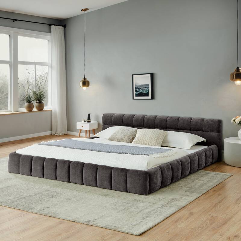 Block Thick Chenille Low Profile Platform Bed Fabric Upholstered Bedframe with Headboard Solid Wood Frame - Optional Storage Bed