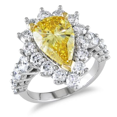 Miadora 3 1/7ct TDW Yellow Pear Cut 2 1/3ct TDW White Diamond Halo Engagement Ring in 18k White Gold