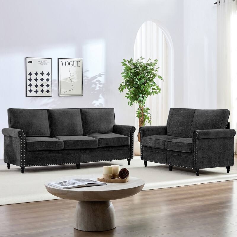 Mixoy 2 Piece Living Room Sofa Set with Riveted Design,Chenille Nailhead W76''3-Seater Sofa Couch with W53''Loveseat Sofa - Black - 3+2