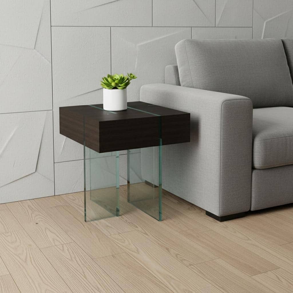 HomeRoots 22" Black And Clear Wood and Glass Square Sled End Table - 22.00 in. x 22.00 in. x 22.00 in.