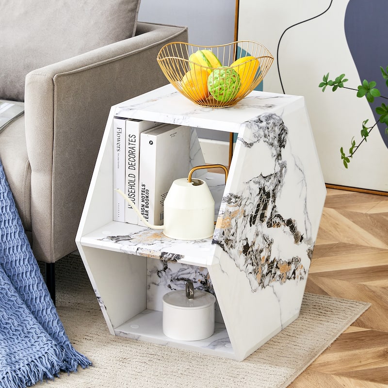 Hexagonal Coffee Table with Open Storage Space Multifunctional Wooden Side Table Small Apartment Center Table