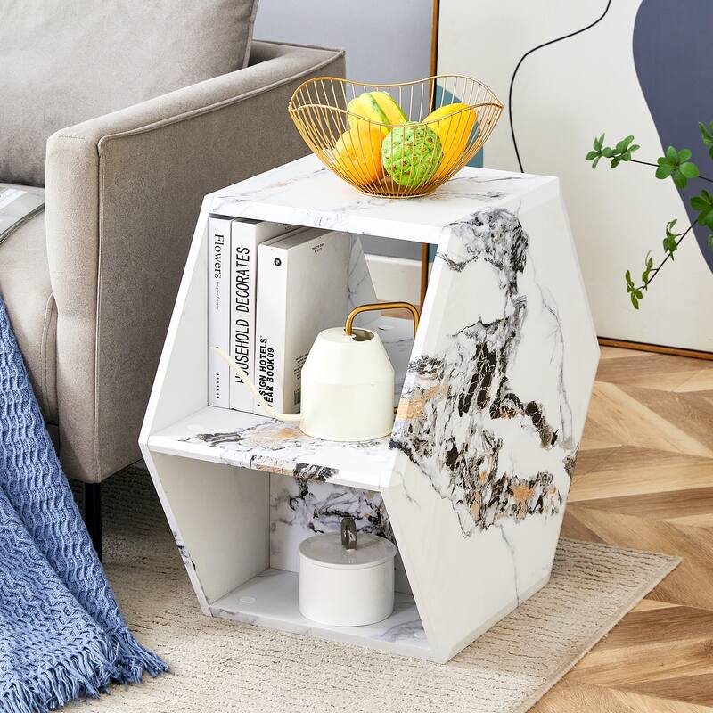 Roomfitters Hexagonal MDF Coffee Table with Patterned Finish, Multi-Hole Storage Design for Any Room Style