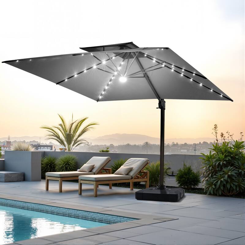 VredHom 11X11 FT Outdoor Aluminum Square Cantilever Patio Umbrella Solar LED Light with Weights Base - DarkGrey