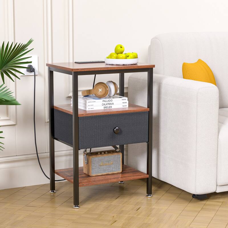 VECELO Nightstand with Charging Station 2 AC Outlets & 2 USB Ports 24-Inch High Bedside Table with Fabric Drawer 2 Open Shelves - Brown