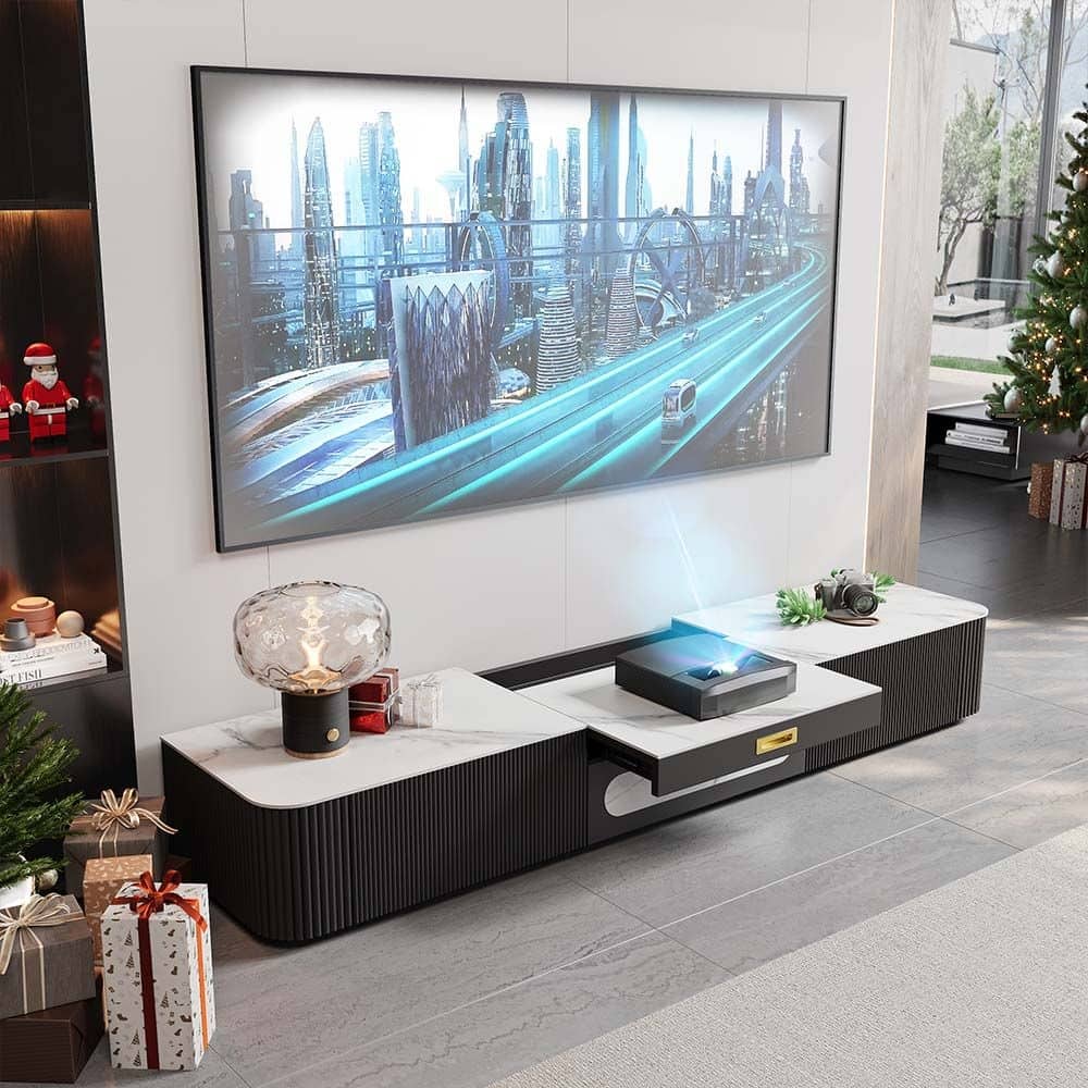 Modern TV Stand for Projector, Sintered Stone TV Cabinet with Drawers for Home Theater, Oak Veneer MDF, Black & White