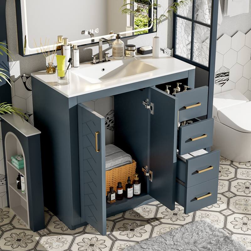 Freestanding Geometric Pattern Bathroom Vanity Solid Wood Frame Storage Cabinet with Sink, 3 Drawers and Soft Closing Doors