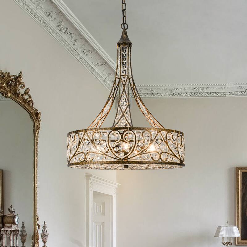 Vintage Black 6-Light Crystal Tower Chandelier - Brown