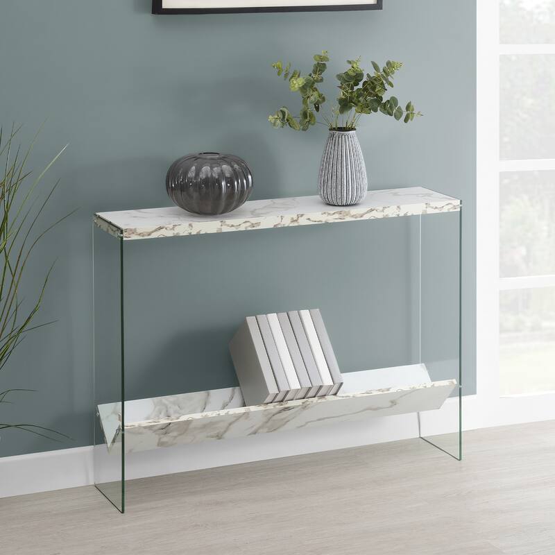 Convenience Concepts SoHo Glass V Console Table with Shelf - White Faux Marble