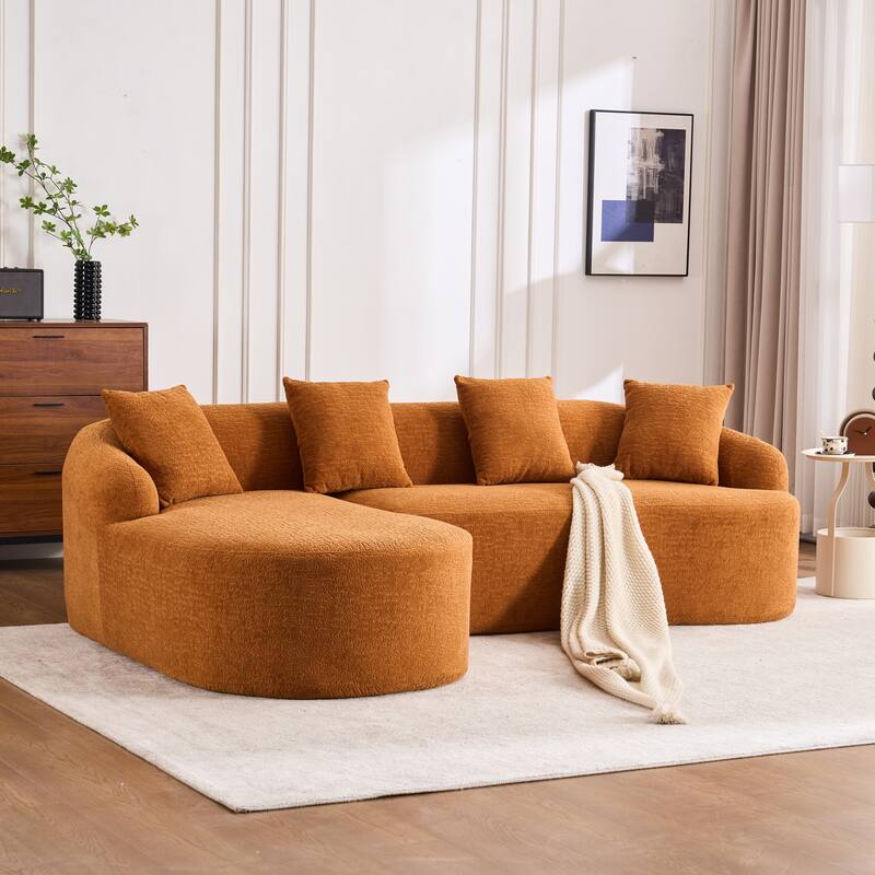 L-Shaped Sectional Sofa with Curved Chaise, Chenille Boneless Cloud Sofa, Modular 4-Seater Sofa with 4 Throw Pillows