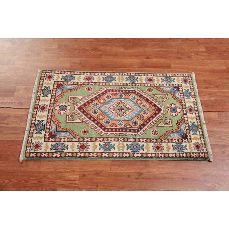 Geometric Green Kazak Oriental Accent Foyer Rug Handmade Wool Carpet - 2'0"x 3'0"