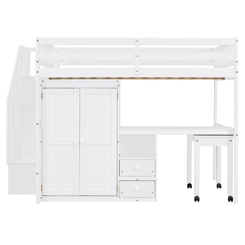 Multifunctional Full Size Loft Bed with Stairs, Bookshelf, Drawers, Desk & Wardrobe - White