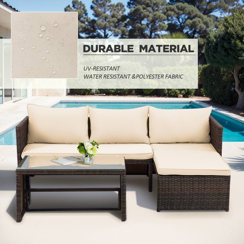 3 Pieces Patio Conversation Set, All Weather Outdoor PE Rattan Wicker Furniture Set with Cushions, Tempered Glass Coffee Table