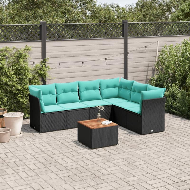 vidaXL 7 Piece Patio Sofa Set with Cushions Black Poly Rattan - 70.5x33.5x70.5