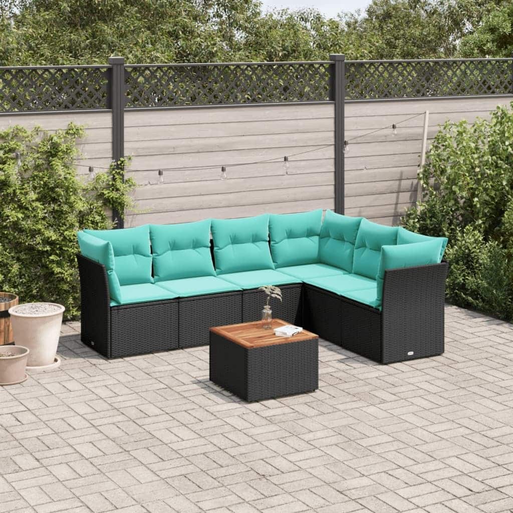 vidaXL 7 Piece Patio Sofa Set with Cushions Black Poly Rattan
