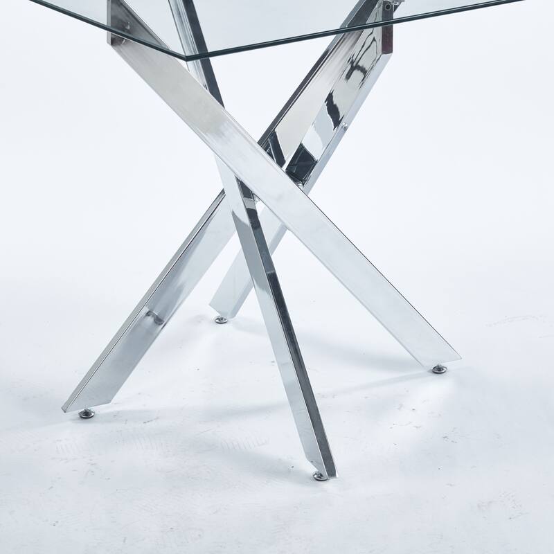 Modern Square Dining Table with Tempered Glass Top & Cross Metal Legs, Space-Saving for Kitchen and Living Room