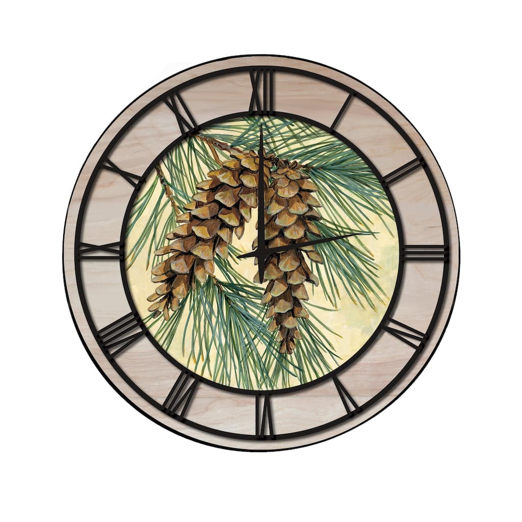 Wall Clock with Natural Woodgrain Accent - Pinecone - Black Numbers - 24" x 24"