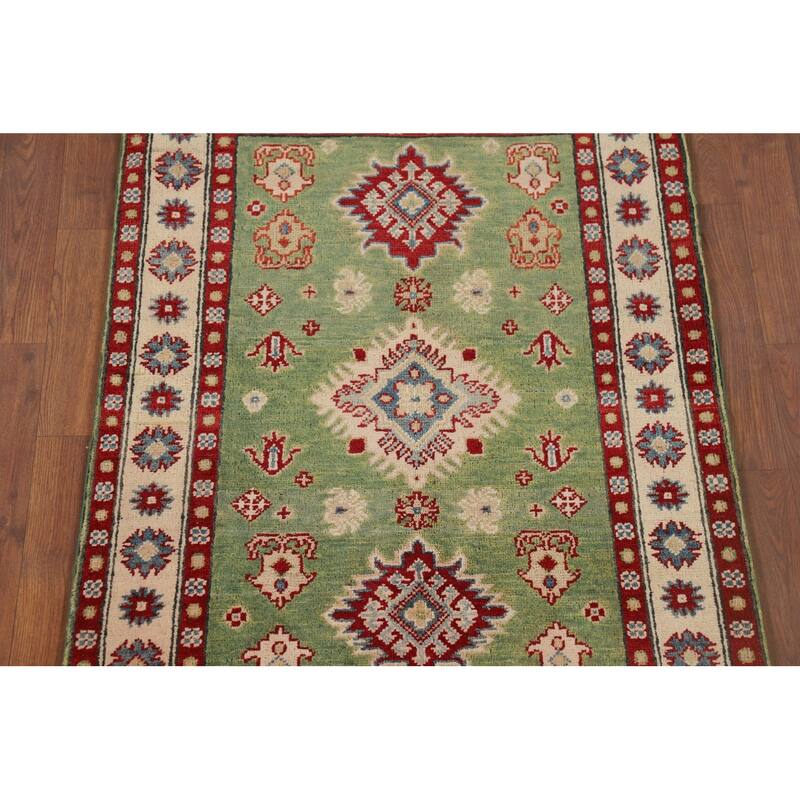 Light Green Geometric Kazak Foyer Rug Hand-Knotted Wool Carpet - 2'10" x 4'2"