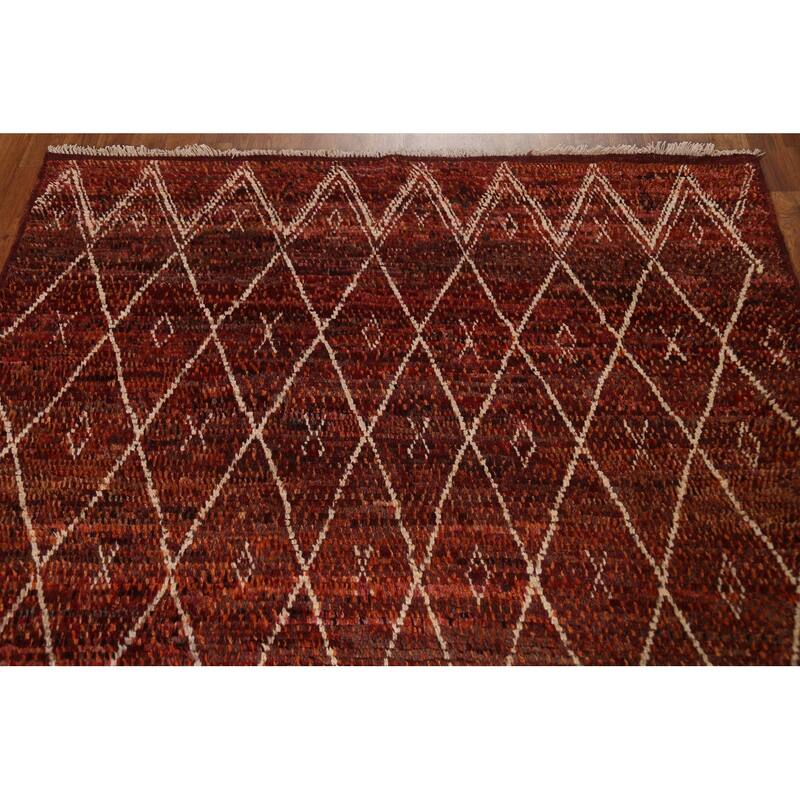 Hand Knotted Oriental 100% Wool Carpet Modern Geometric Red Moroccan Area Rug - 7' 10'' X 5' 7''
