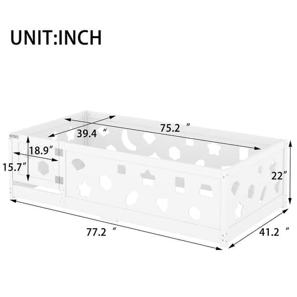 dimension image slide 1 of 8, White Bed Frame Montessori Bed Twin Size Toddler Floor Bed with Guardrails and Door for Children Boys Girls Kids Playroom