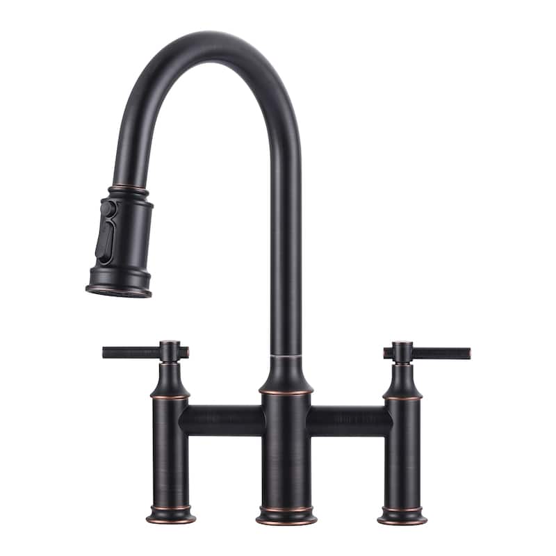 WOWOW Double Handle Pull Down Sprayer Bridge Kitchen Faucet - Oil Rubbed Bronze