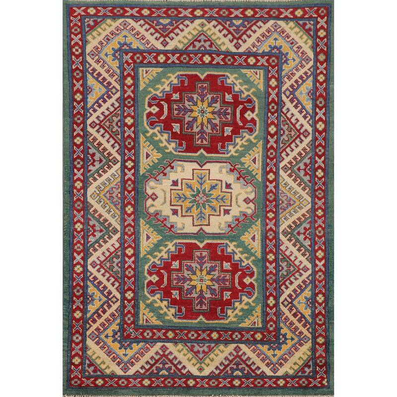 Green Kazak Accent Rug Handmade Wool Carpet - 3'3" x 4'11"