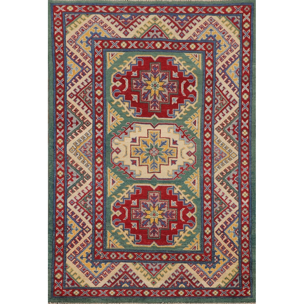 Green Kazak Accent Rug Handmade Wool Carpet - 3'3" x 4'11"