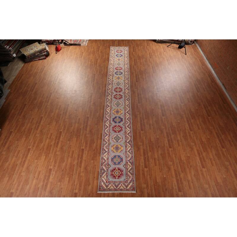 Geometric Kazak Runner Rug Handmade Wool Carpet - 2'7" x 19'4"