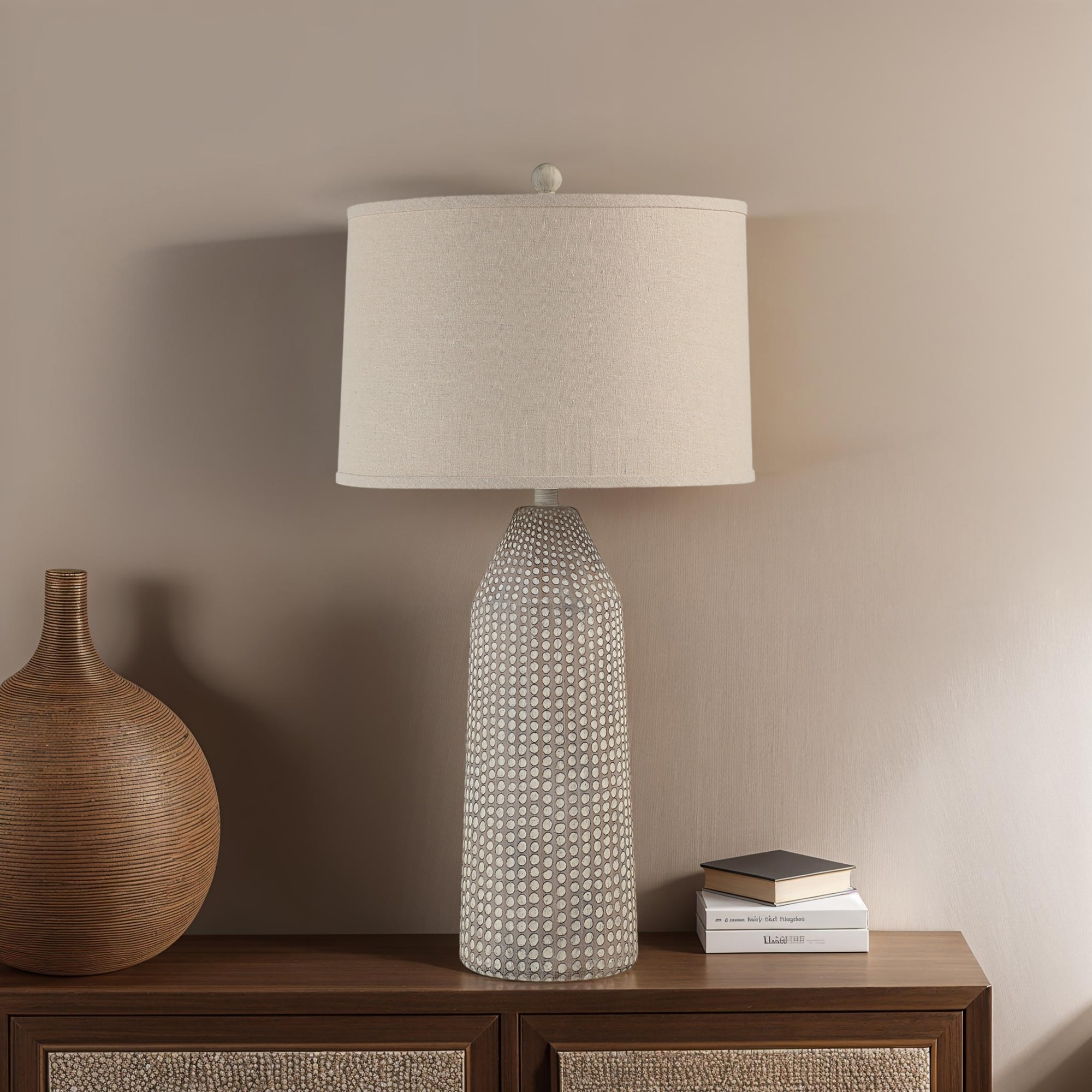 Geometric Hammered Table Lamp with Tapered Drum Shade - 32.5" - Beige