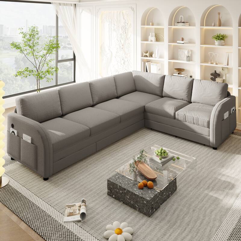 Sectional Sleeper Sofa with Pull Out Bed, Convertible Teddy Fabric Couch with Side Pockets & USB Ports, L Shaped Modular Couches