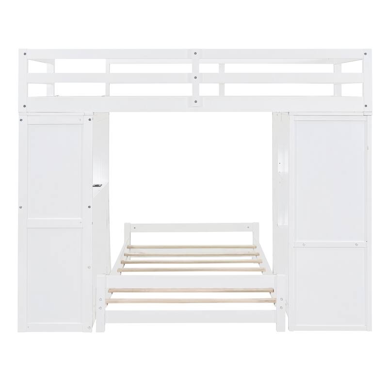 White Twin Over Twin Bunk Bed with LED Light and USB Ports, Storage Drawers, Shelves, and Desk