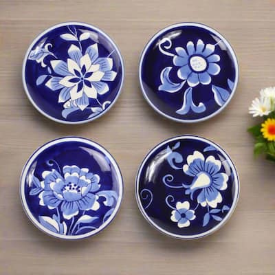 Euro Ceramica Blue Garden 4 Piece 6" Appetizer Plate Set - 6.9 x 6.9 x .9