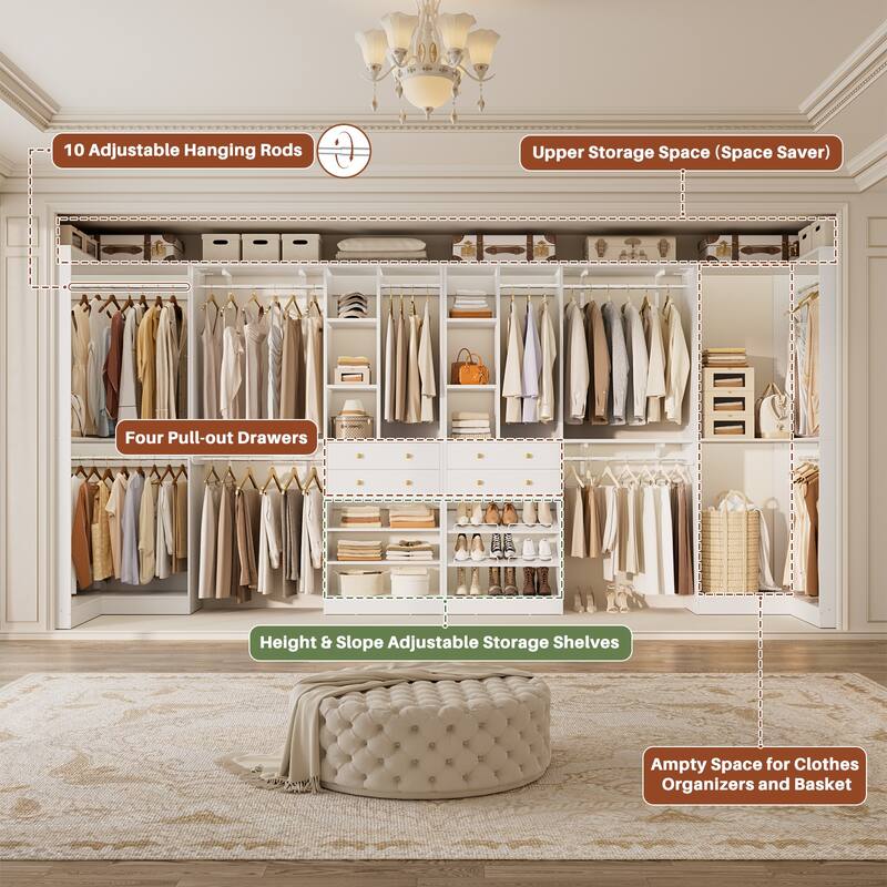 Set of 4 U-Shaped Closet Organizer System with Wood Drawers, Amoire Wardrobe with Shoe Racks