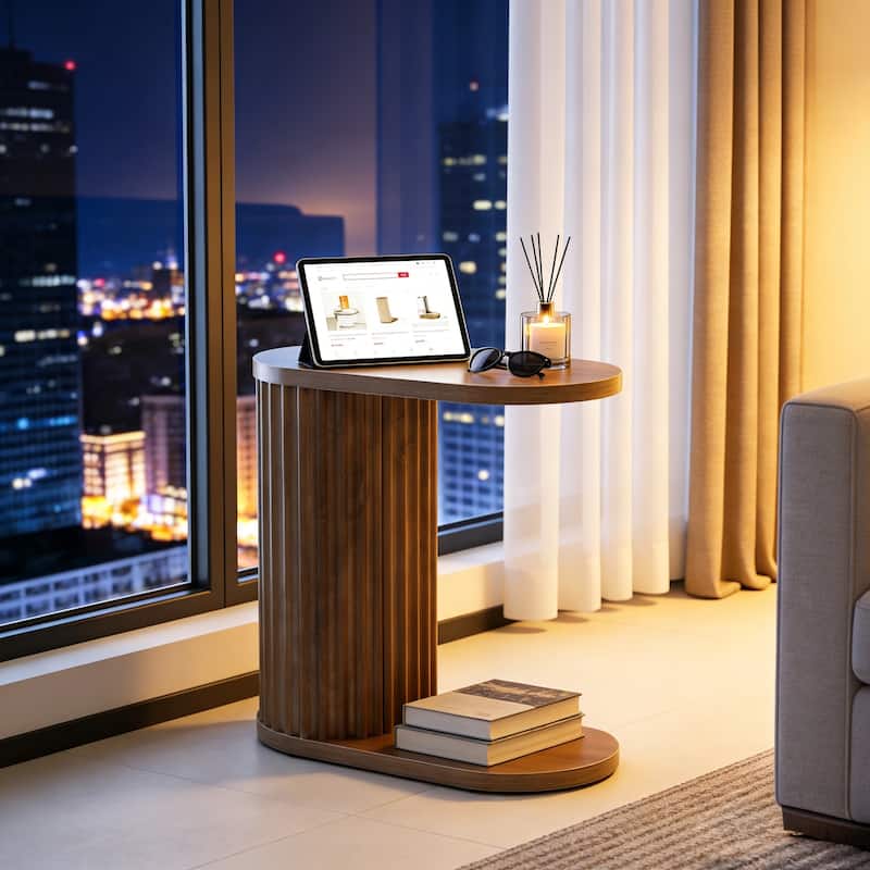 Modern C-Shaped End Table, Fluted Narrow Side Table