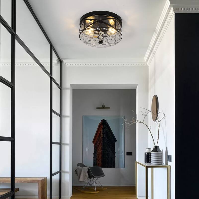 2-Light Flush Mount Glass Ceiling Light with Metal Frame - N/A