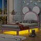 preview thumbnail 15 of 24, Upholstered Bed Frame with Cartoon Ears Shaped Headboard and LED Light Underneath, Twin/Full Size Platform Bed with Support Legs