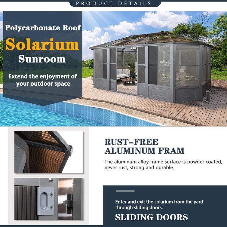 Erommy Outdoor Solarium Sunroom, Patio Hardtop Gazebo, Aluminum Frame Permanent Gazebo with Sliding Doors and Screens