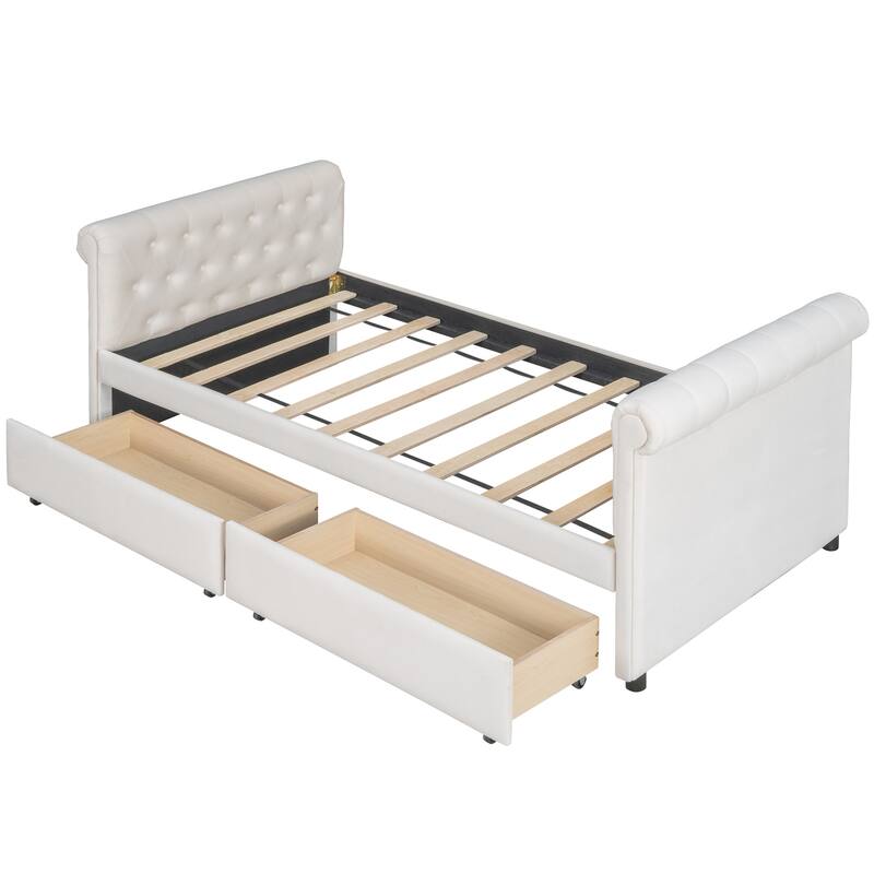Twin Size Upholstered Daybed with Drawers, Wood Slat Support, Beige
