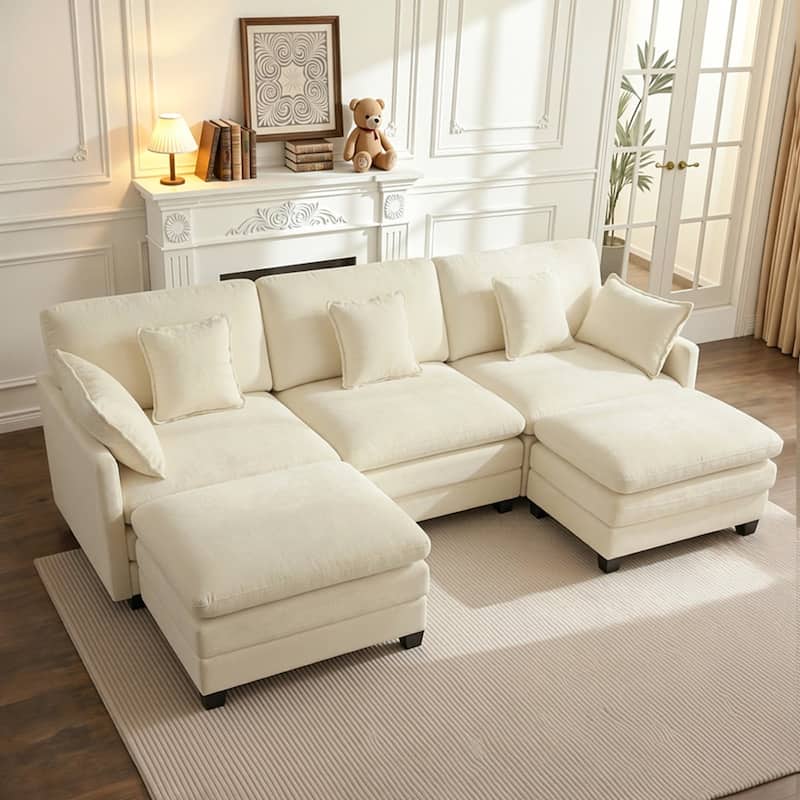 MCombo 111.8'' Modular Sectional Sofa Couch with Reversible Ottoman for Living Room, L Shaped Sofa, FSC Certified - Beige - Double Ottomans