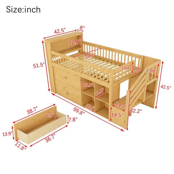 dimension image slide 1 of 2, Wooden Loft Bed with Hanging Rod, LED, Bookshelf, Stairs, Storage Drawers and Shelves, Twin Size