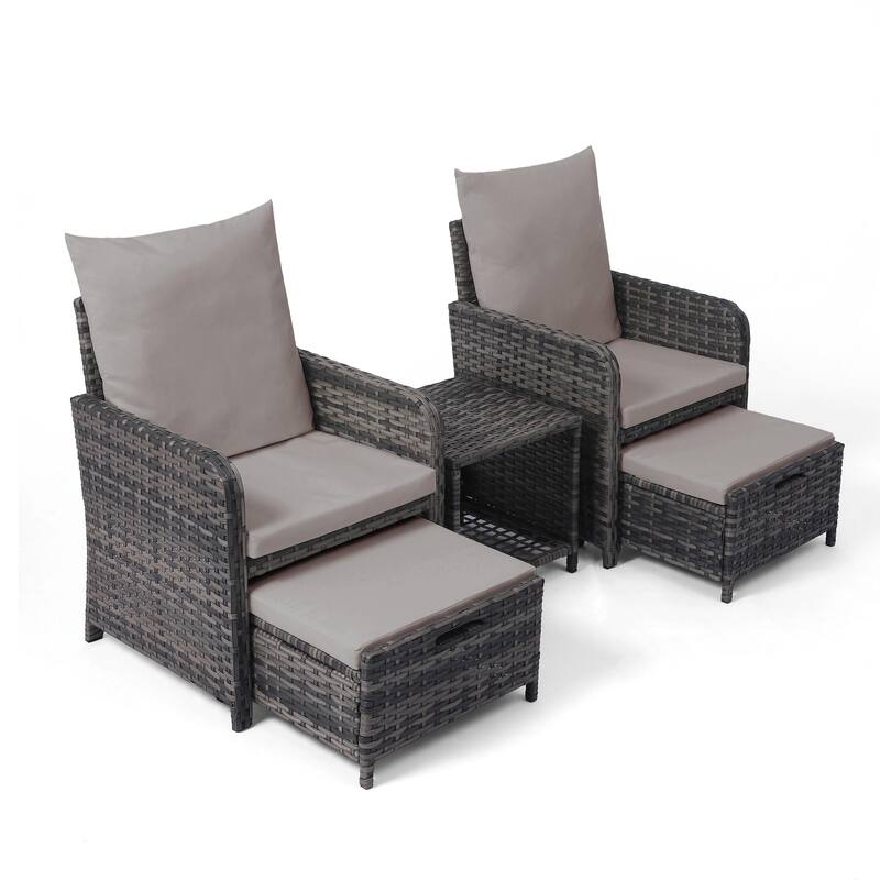 5-Piece PE Rattan Outdoor Patio Set with 2 Chairs, 2 Ottomans, Coffee Table