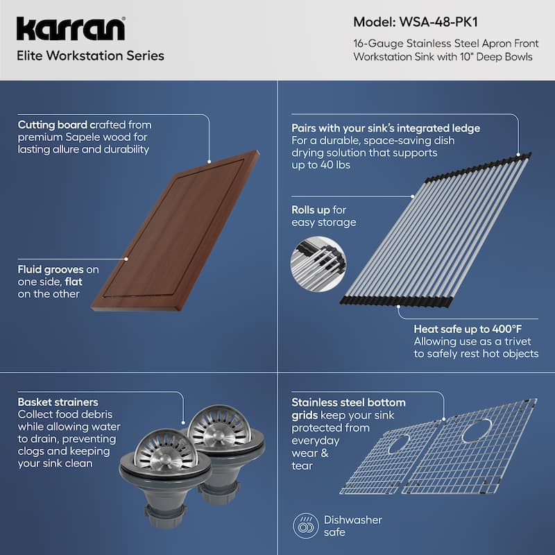 Karran Elite WSA-48-PK1 Apron Front Farmhouse 36" Double Bowl Stainless Steel Workstation Sink