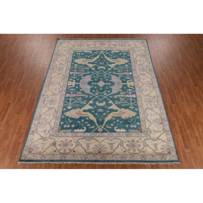 Teal Oushak Indian Area Rug Hand-Knotted Wool Carpet - 9'1" x 12'0"