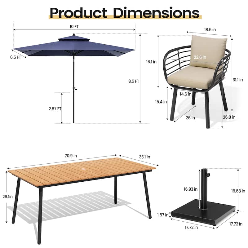 9PC Outdoor Patio Dining Set Aluminum Table with Sunbrella Cushion Chairs w/ Market Umbrella Sets