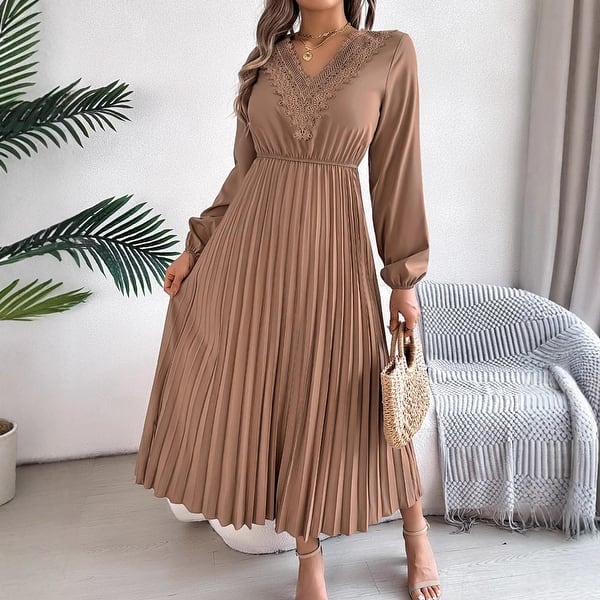 Khaki V-Neck Lace-Trim Pleated Dress - Bed Bath & Beyond - 42728986
